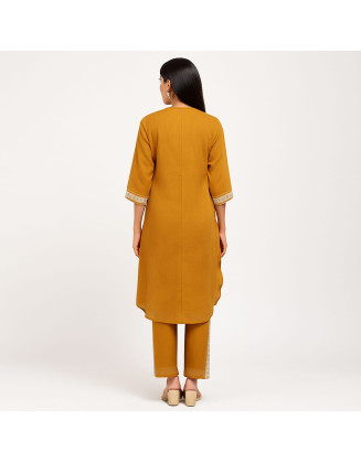 Mustard Yellow Embroidered Cotton Kurta Pant Set