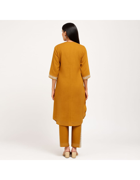 Mustard Yellow Embroidered Cotton Kurta Pant Set