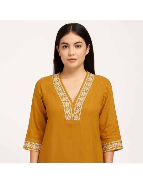 Mustard Yellow Embroidered Cotton Kurta Pant Set