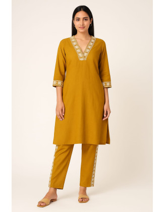 Mustard Yellow Embroidered Cotton Kurta Pant Set