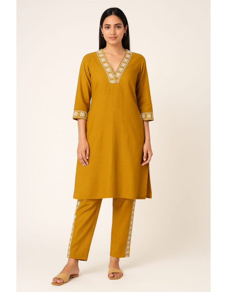 Mustard Yellow Embroidered Cotton Kurta Pant Set